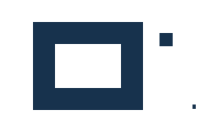 Navy rectangular stencil with a transparent center, a square dot at upper right, and a tiny separate fragment at lower right